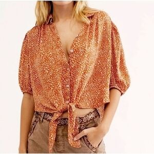 Free People Celia Printed Front-Tie Button Front Top Women's Size S Rust Combo